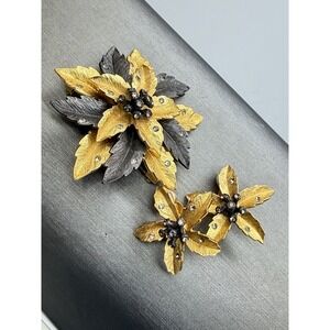 Vintage Joan Rivers Desert Cactus Bloom Floral Brooch Clip Earrings Set